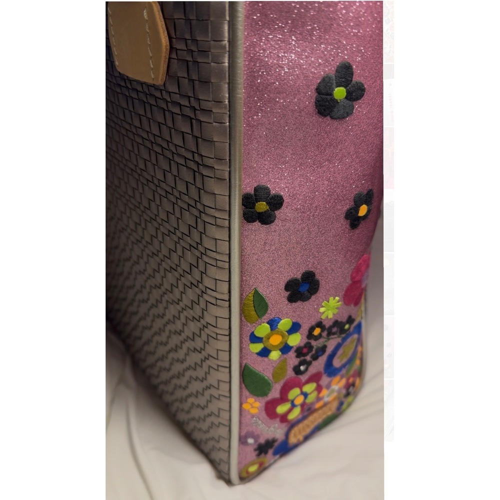 Consuela Metallic Pewter Woven Tote Pink Glitter Floral Embroidered Handbag